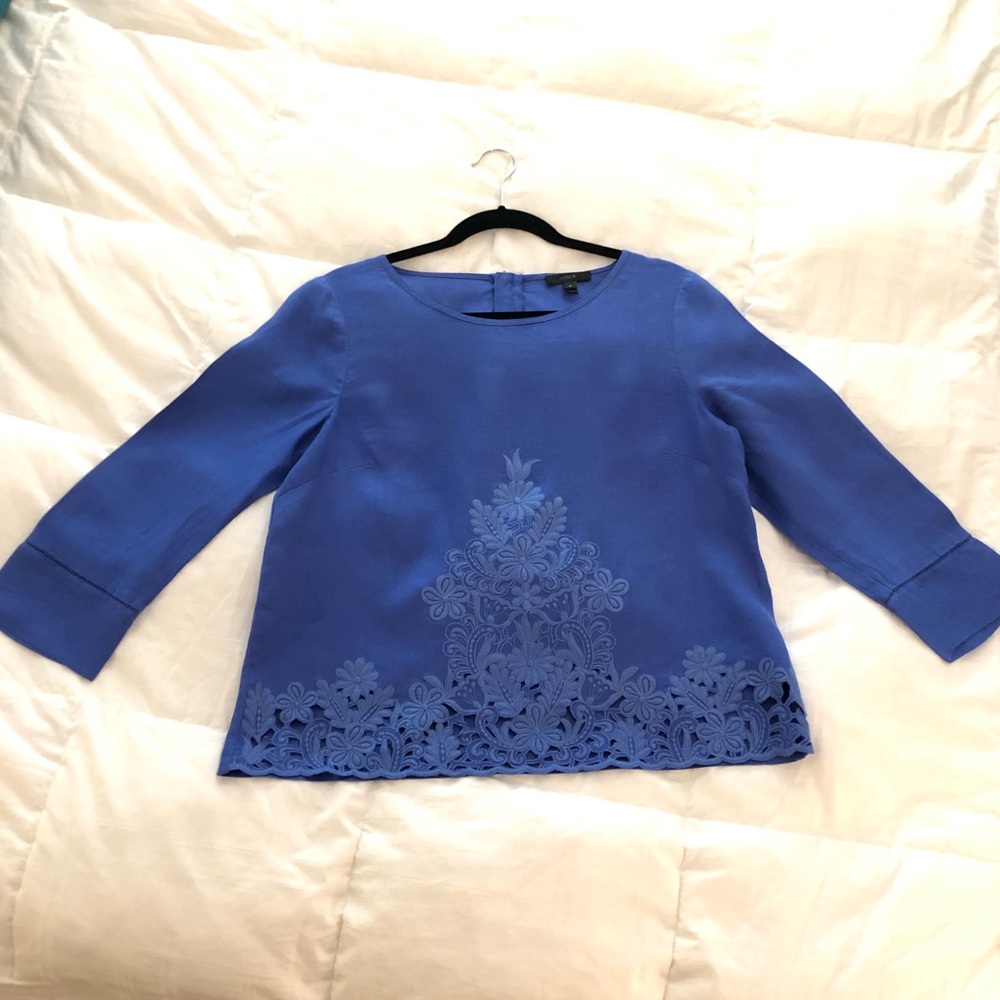 J Crew royal linen embroidered top